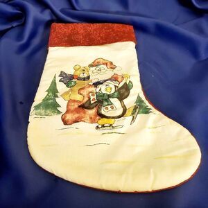 Vtg Skating Santa,Teddy, and Penguin Christmas Stocking